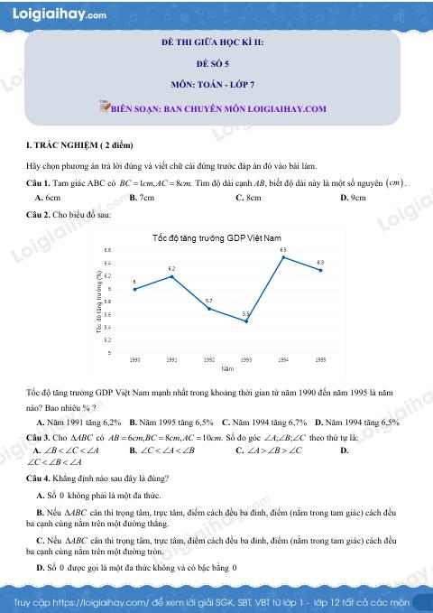 Đề thi giữa kì 2 Toán 7 - Đề số 5 - Cánh diều